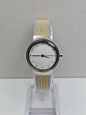 Skagen Freja Gold Silver Two Tone Mesh Crystal Dial Womens Watch New Battery